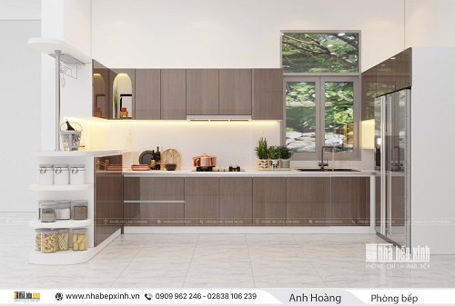 Tủ bếp Acrylic kết hợp quầy bar hiện đại.